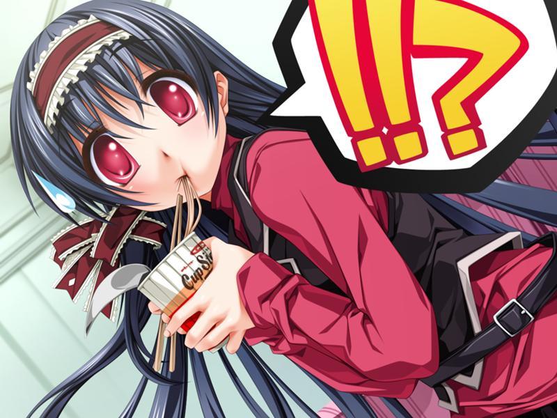 senomoto hisashi, mihoshi sarasa, like a butler, game cg, !?, 1girl, belt, black hair, cup ramen, dutch angle, eating, female focus, food, hairband, long hair, red eyes, solo, surprised
