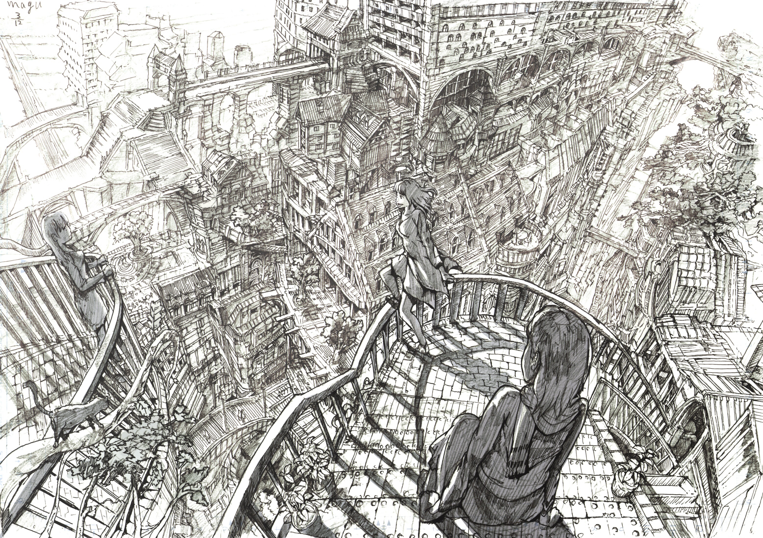 magu, maguon, original, 3girls, absurdly detailed composition, balcony, building, cat, city, cityscape, complex exterior, greyscale, monochrome, multiple girls, plant, tree