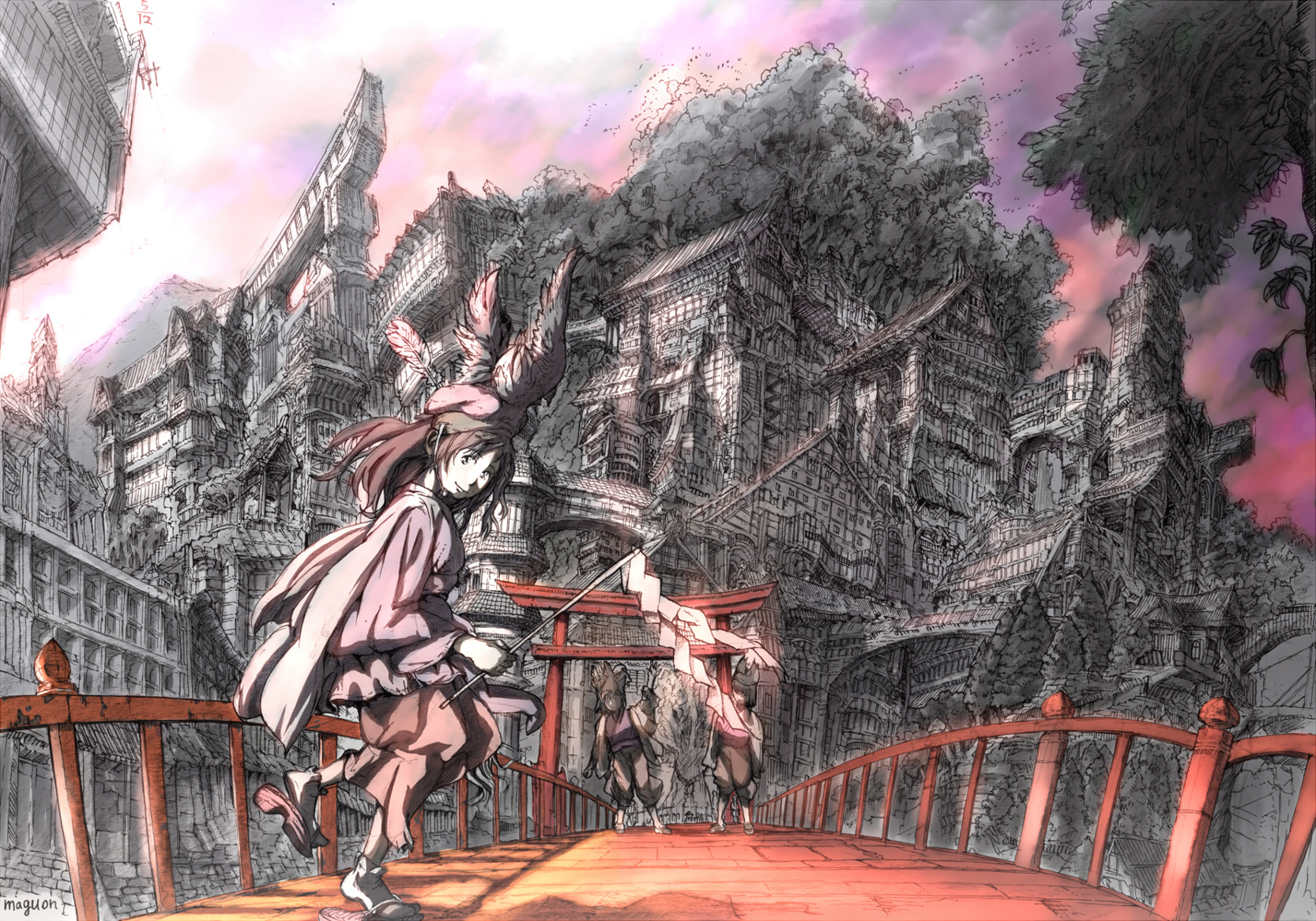 magu, maguon, original, highres, 1girl, 2boys, bridge, city, cityscape, gohei, japanese clothes, miko, multiple boys, shrine, torii, tree