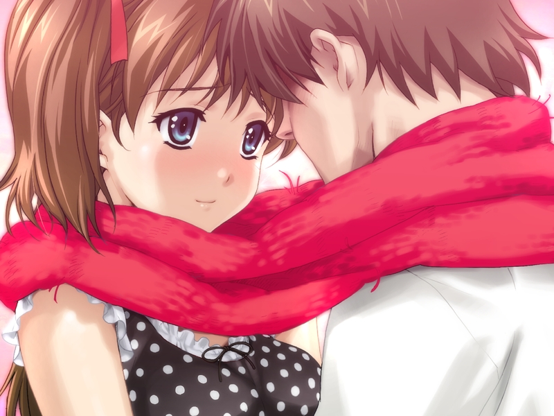 happoubi jin, amamiya momona, ichijo daisuke, resort boin, game cg, 00s, 1boy, 1girl, blue eyes, blush, brown hair, couple, hetero, long hair, looking at another, polka dot, red scarf, scarf, shared clothes, shared scarf, smile, upper body