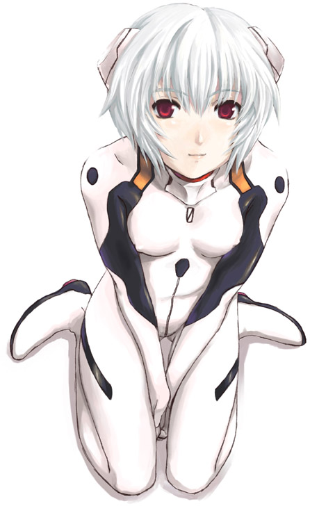 ayanami rei, neon genesis evangelion, 1girl, blue hair, breasts, covered erect nipples, female focus, from above, looking up, mecha pilot suit, plugsuit (evangelion), red eyes, short hair, sitting, small breasts, smile, solo