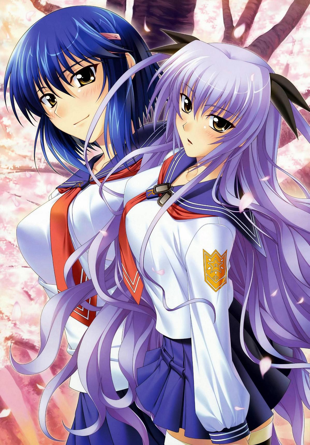 shironeko sanbou, kurogane otome, tachibana serebu, tsuyokiss, highres, 2girls, blue hair, blush, cherry blossoms, hair ornament, hair ribbon, hairclip, long hair, multiple girls, purple hair, ribbon, school uniform, short hair, skirt, smile, thighhighs, very long hair, yellow eyes, zettai ryouiki