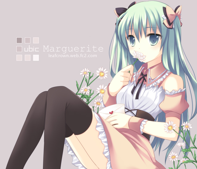 takase kanan, original, 1girl, choker, corset, dress, envelope, female focus, flower, frills, green eyes, green hair, hair ribbon, holding, long hair, ribbon, sitting, solo, thighhighs, wrist cuffs