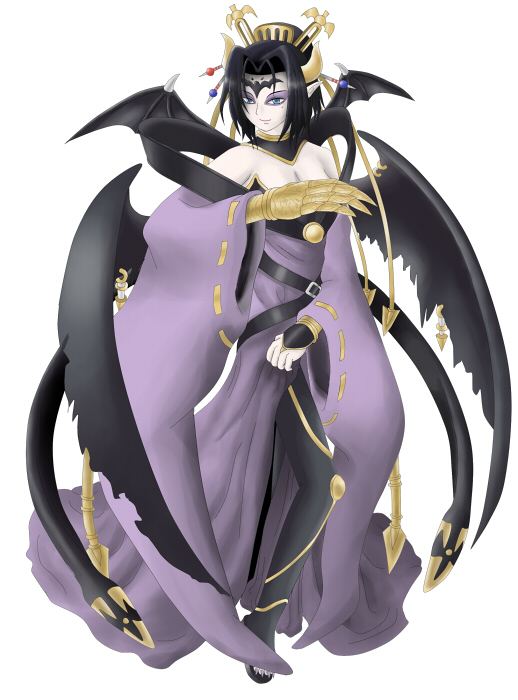 cafe (owleelcafe), lilithmon, digimon, 1girl, bat (symbol), bat wings, black hair, blue eyes, breasts, claws, cleavage, demon girl, digimon (creature), eyeshadow, female focus, green eyes, hair ornament, hetero, horns, makeup, medium breasts, off shoulder, pantyhose, seven great demon lords, smile, solo, tail, wings