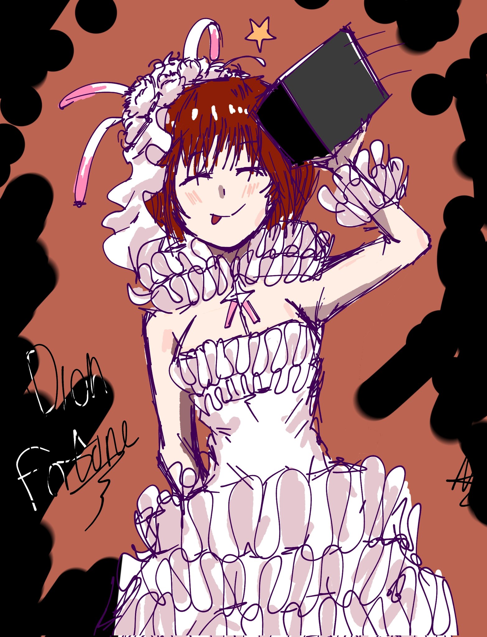 magizhan, dion fortune, toaru majutsu no index, commentary request, highres, 1girl, :p, armpits, bloomers, blush, bob cut, box, breasts, character name, cleavage, closed eyes, detached collar, dress, flower, frilled cuffs, frilled dress, frills, hair flower, hair ornament, hand up, holding, holding box, medium breasts, red hair, short dress, short hair, sleeveless, sleeveless dress, solo, star (symbol), tongue, tongue out, underwear, upper body, veil, white dress, white veil