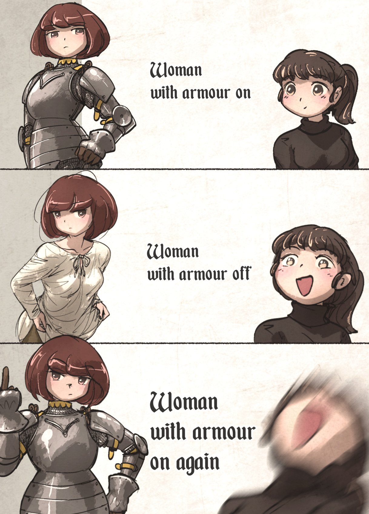 ironlily, lady leonie (ironlily), ordo mediare sisters (ironlily), highres, 2girls, armor, brown eyes, brown hair, collarbone, cuirass, faulds, gauntlets, meme, middle finger, multiple girls, pauldrons, plate armor, ponytail, rondel, shirt, shoulder armor, turtleneck, vince mcmahon reaction (meme), white shirt