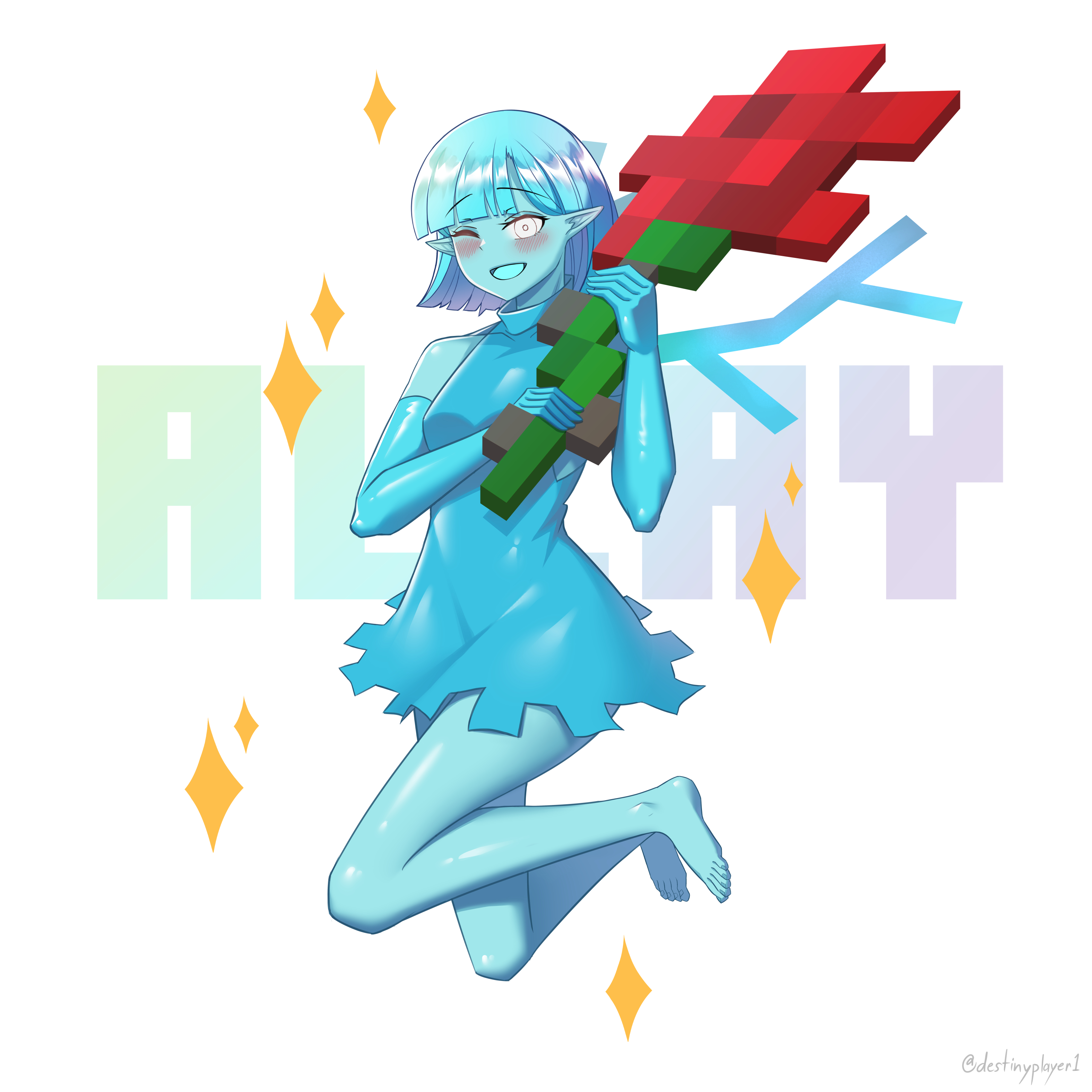 destinyplayer1, allay, minecraft, absurdres, highres, 1girl, aqua dress, aqua hair, aqua skin, bare legs, barefoot, blush, character name, colored skin, dress, elbow gloves, flower, gloves, holding, holding flower, medium hair, one eye closed, open mouth, personification, pointy ears, red flower, sleeveless, sleeveless dress, smile, solo, sparkle, white eyes