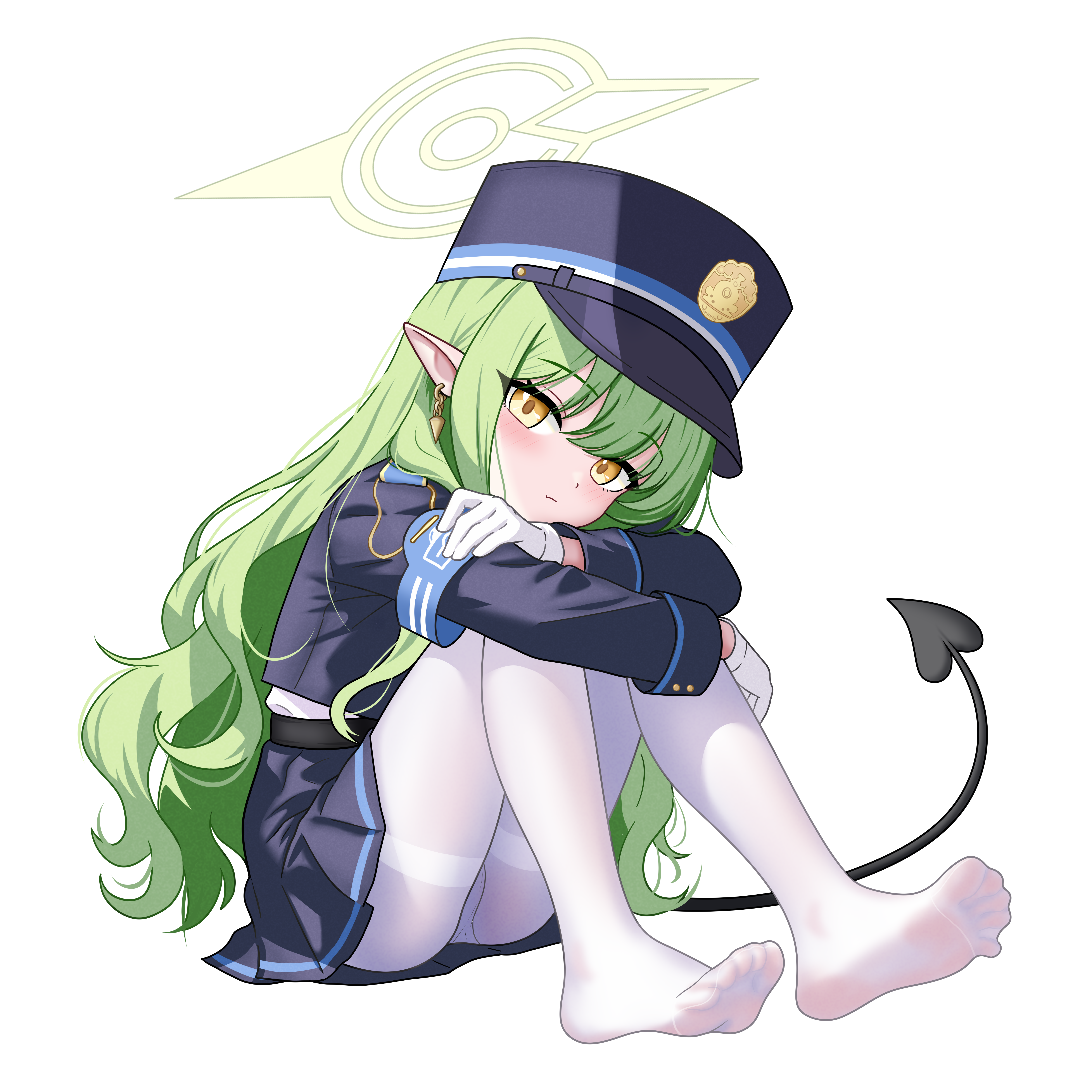 hikari (blue archive), blue archive, absurdres, commentary request, highres, 1girl, armband, belt, black belt, black hat, black jacket, black skirt, blue armband, blush, closed mouth, demon girl, demon tail, earrings, eyes visible through hair, feet, full body, gloves, green hair, green halo, hair between eyes, halo, hat, hugging own legs, jacket, jewelry, legs, long hair, long sleeves, looking at viewer, miniskirt, no shoes, nyatako, panties, panties under pantyhose, pantyhose, peaked cap, pleated skirt, pointy ears, simple background, sitting, skirt, soles, solo, tail, thighband pantyhose, thighs, toes, tsurime, underwear, very long hair, wavy hair, white background, white gloves, white panties, white pantyhose, yellow eyes