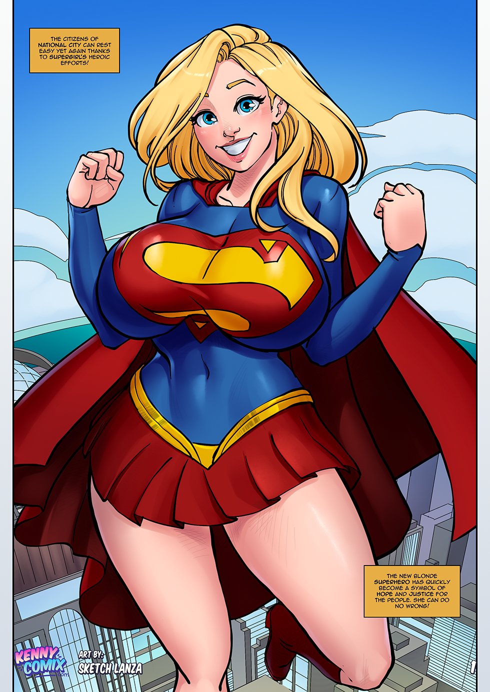 kennycomix, sketch lanza, supergirl, dc comics, superman (series), highres, 1girl, artist logo, artist name, blonde hair, blue eyes, blue shirt, breasts, building, cape, city, clenched hands, covered navel, day, dialogue box, english text, flying, grin, large breasts, logo, logo print, long hair, looking at viewer, outdoors, pleated skirt, print shirt, red cape, red skirt, shirt, skirt, skyscraper, smile, superman logo