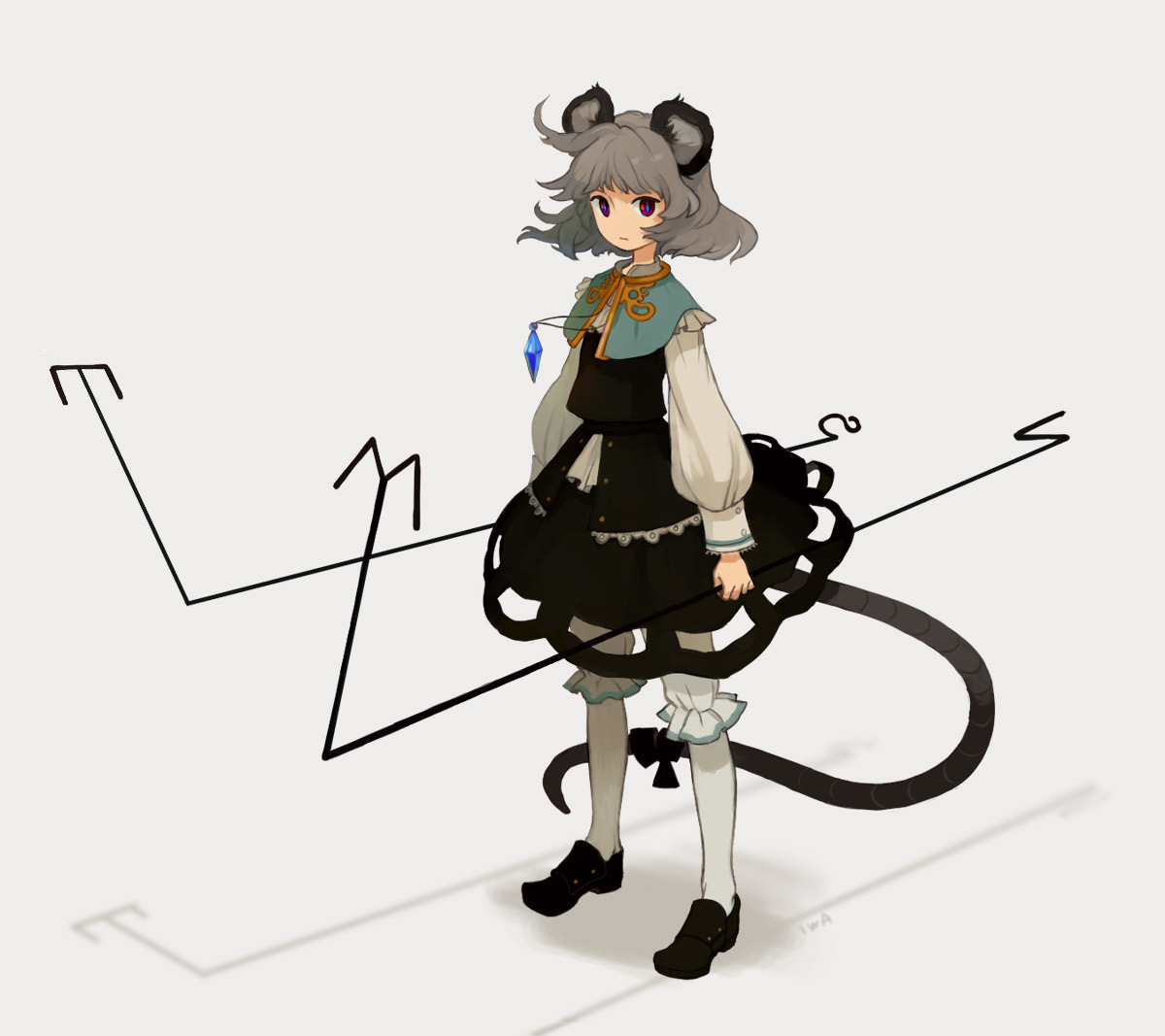 iwamoto zerogo, nazrin, touhou, 1girl, animal ears, bloomers, dress, female focus, grey hair, jewelry, mouse ears, mouse tail, pendant, red eyes, ribbon, short hair, solo, tail, tail ornament, tail ribbon, underwear