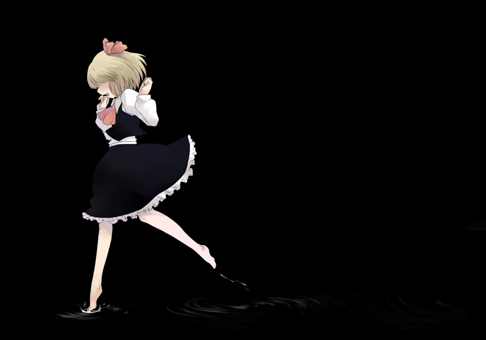 mikage sekizai, rumia, embodiment of scarlet devil, touhou, 1girl, barefoot, blonde hair, dark, darkness, feet, female focus, hair ornament, hair ribbon, red eyes, ribbon, ripples, short hair, solo, walking, walking on liquid, water