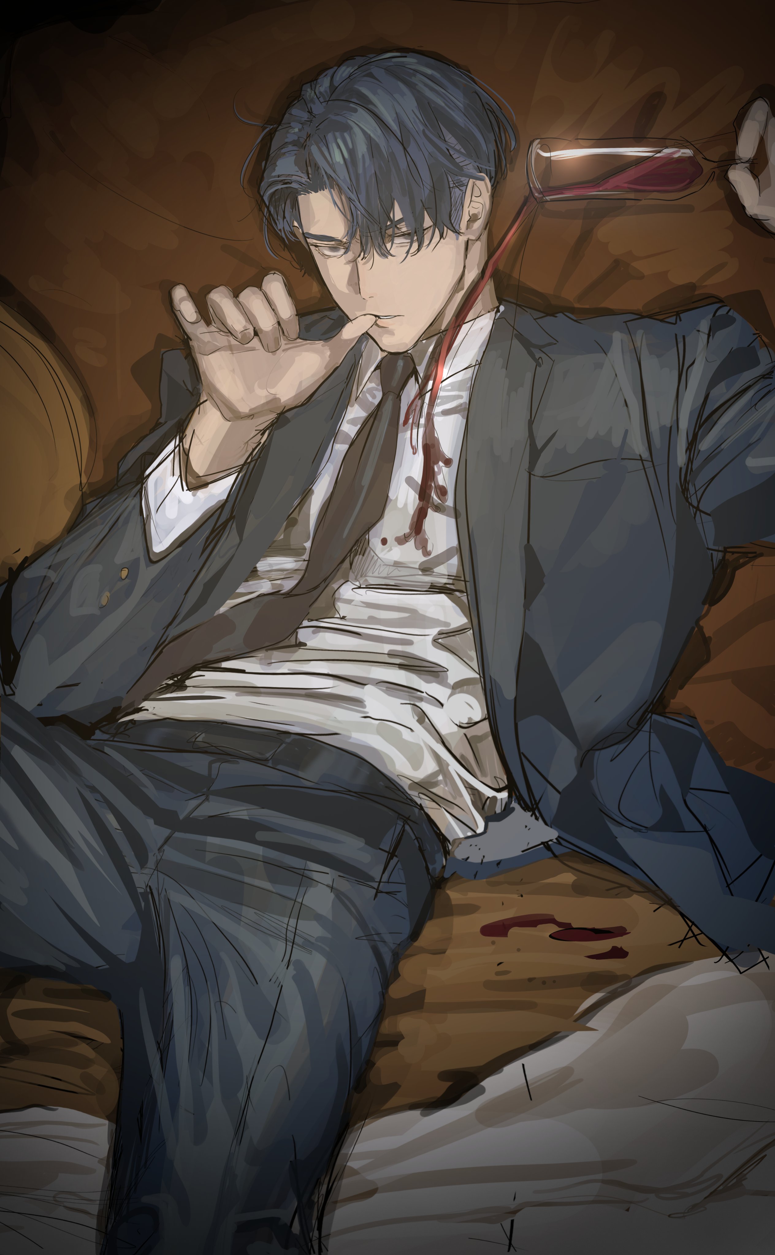 chamuring, absurdres, hashtag-only commentary, highres, 1boy, alcohol, belt, black necktie, blue hair, collared shirt, cup, drinking glass, formal clothes, jacket, looking at viewer, lying, male focus, necktie, on back, pants, seon-woo eden, shirt, shirt tucked in, short hair, solo, special civil servant, spilling, suit, suit jacket, undercut, white shirt, wine, wine glass