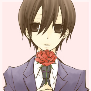 omugi, fujioka haruhi, ouran high school host club, bad id, bad pixiv id, gender request, lowres, 00s, androgynous, brown hair, crossdressing, crossdressing (ftm), flower, reverse trap, rose, short hair, solo