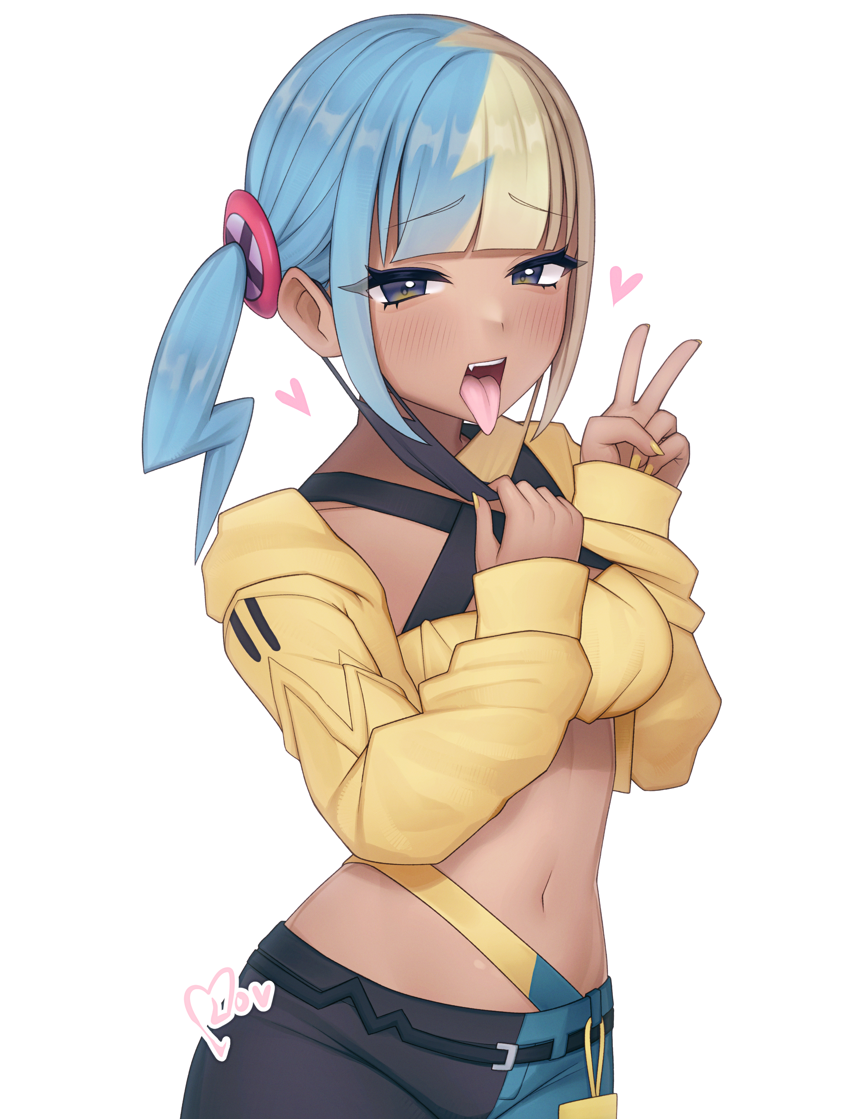 mika (lovdere), canari (pokemon), nintendo, pokemon, pokemon legends: z-a, absurdres, highres, 1girl, aqua hair, bandeau, belt, black mask, black pants, blonde hair, blue eyes, blue pants, blush, breasts, collarbone, criss-cross halter, crop top, fang, hair ornament, halterneck, heart, jacket, mask, mask pull, medium breasts, midriff, mouth mask, multicolored hair, navel, open mouth, pants, short twintails, solo, split-color hair, teeth, tongue, tongue out, twintails, two-tone hair, two-tone mask, upper teeth only, v, yellow bandeau, yellow jacket, yellow mask