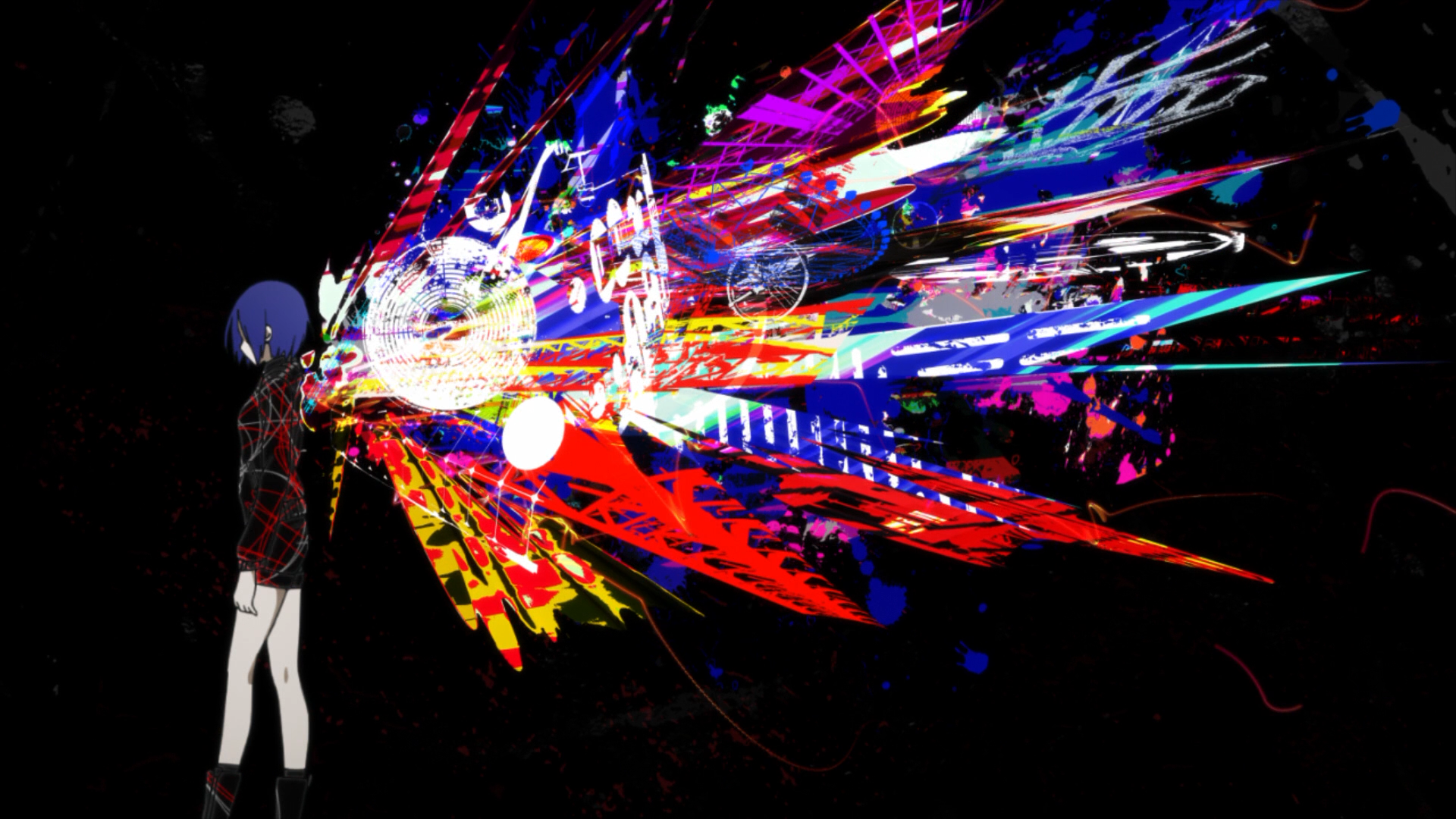 kagune (tokyo ghoul), kirishima touka, studio pierrot, tokyo ghoul, highres, official art, abstract, black background, black boots, black jacket, black shorts, blue hair, boots, colorful, from side, full body, geometric pattern, jacket, leather, leather jacket, leather shorts, looking ahead, overlapped images, shapes, short hair, shorts, simple background, standing, studio pierrot (artist), wide shot