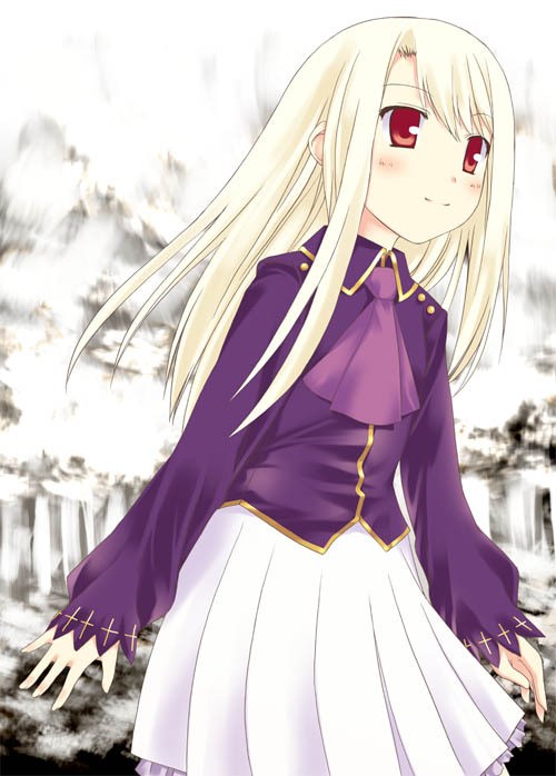illyasviel von einzbern, fate/stay night, fate (series), type-moon, 00s, blush, child, long hair, red eyes, smile, solo, white hair