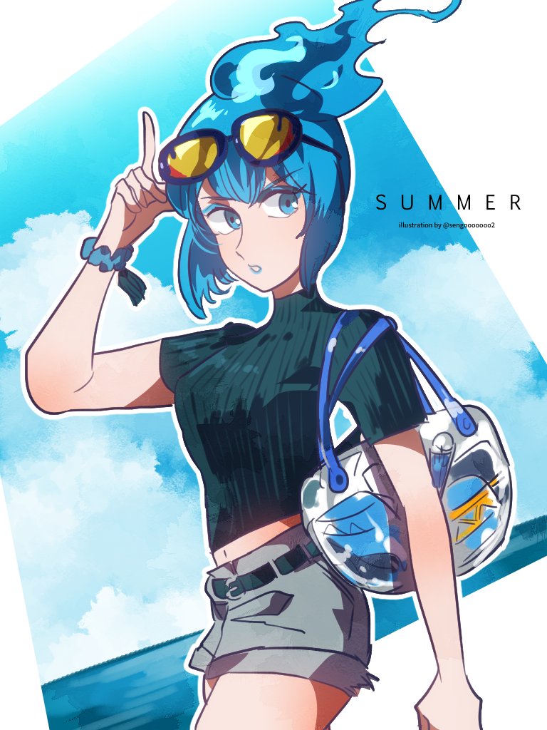 airagency1005, ms. hades, disneyland, 1girl, alternate costume, animification, blue fire, blue hair, blue lips, fiery hair, fire, lipstick, long hair, looking at viewer, makeup, shorts, simple background, smile, solo, sunglasses