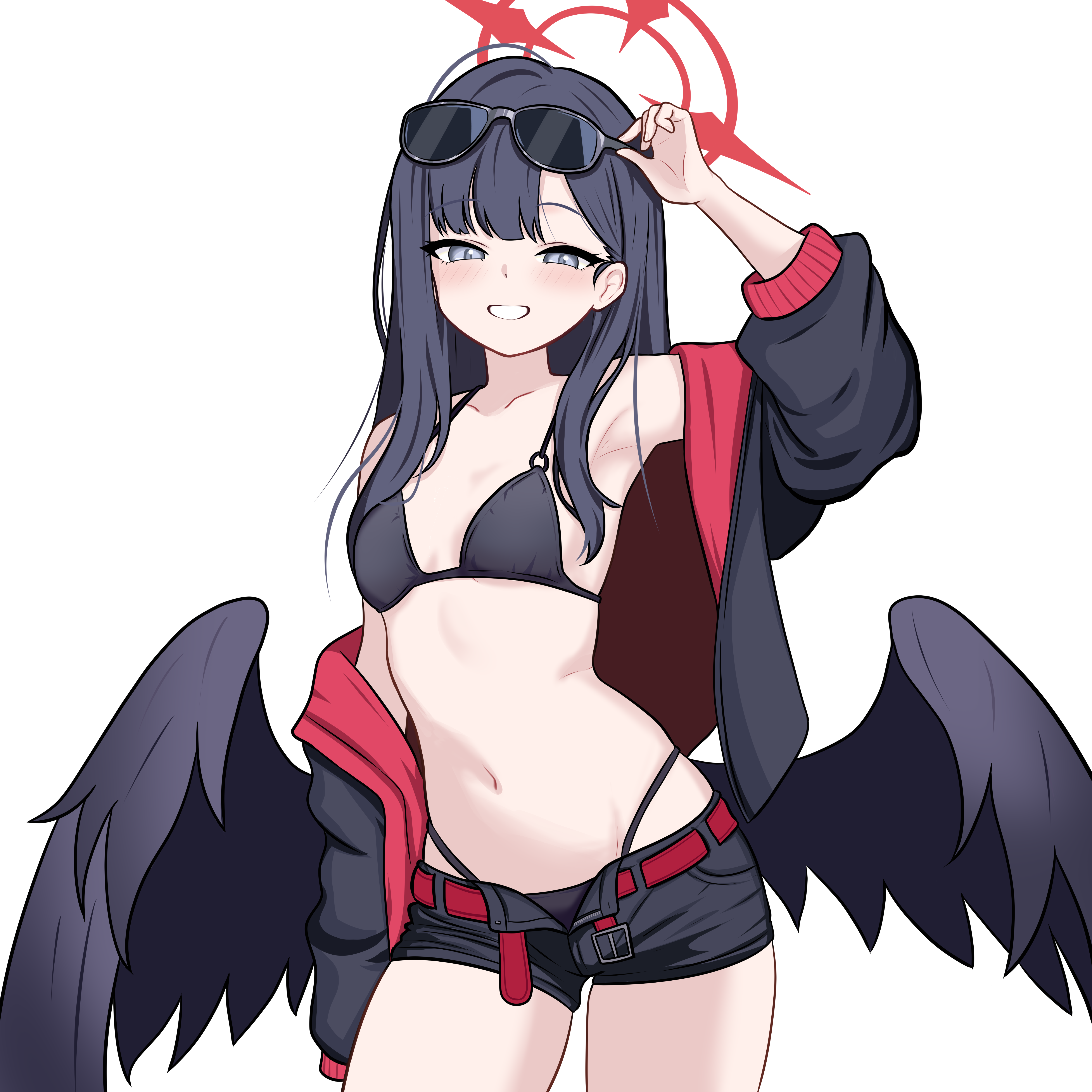 ichika (blue archive), ichika (swimsuit) (blue archive), blue archive, absurdres, bilingual commentary, commentary, english commentary, highres, mixed-language commentary, 1girl, :d, adjusting eyewear, ahoge, arm at side, arm up, armpits, belt, bikini, black bikini, black hair, black jacket, black shorts, black wings, blunt bangs, blush, breasts, collarbone, cowboy shot, eyewear on head, feathered wings, grey eyes, grin, halo, highleg, highleg bikini, jacket, jacket partially removed, long hair, looking at viewer, low wings, navel, nyatako, o-ring, o-ring bikini, o-ring top, official alternate costume, open clothes, open jacket, open mouth, red belt, red halo, shorts, simple background, small breasts, smile, solo, stomach, straight hair, sunglasses, swimsuit, tsurime, unusually open eyes, white background, wings