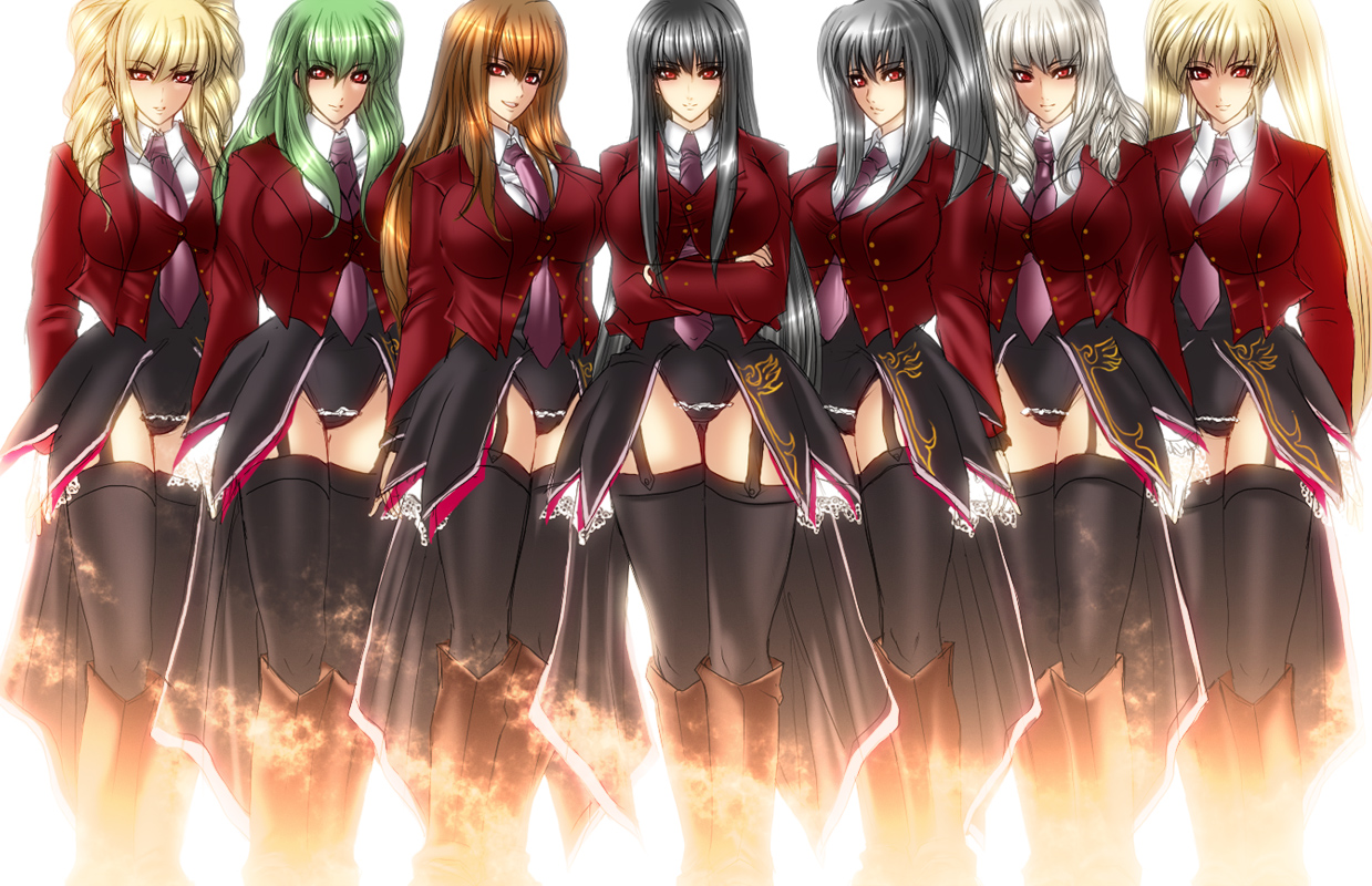 juri (shiningred), jyuri (artist), asmodeus (umineko), beelzebub (umineko), belphegor (umineko), leviathan (umineko), lucifer (umineko), mammon (umineko), satan (umineko), stakes of purgatory, umineko no naku koro ni, black legwear, uniform, bad id, bad pixiv id, 00s, 6+girls, black garter straps, black hair, blonde hair, boots, breasts, brown hair, crossed arms, curly hair, drill hair, everyone, frills, garter belt, garter straps, green hair, huge breasts, knee boots, large breasts, laughing, long hair, multiple girls, necktie, pink necktie, ponytail, red eyes, smile, thighhighs, twin drills, twintails