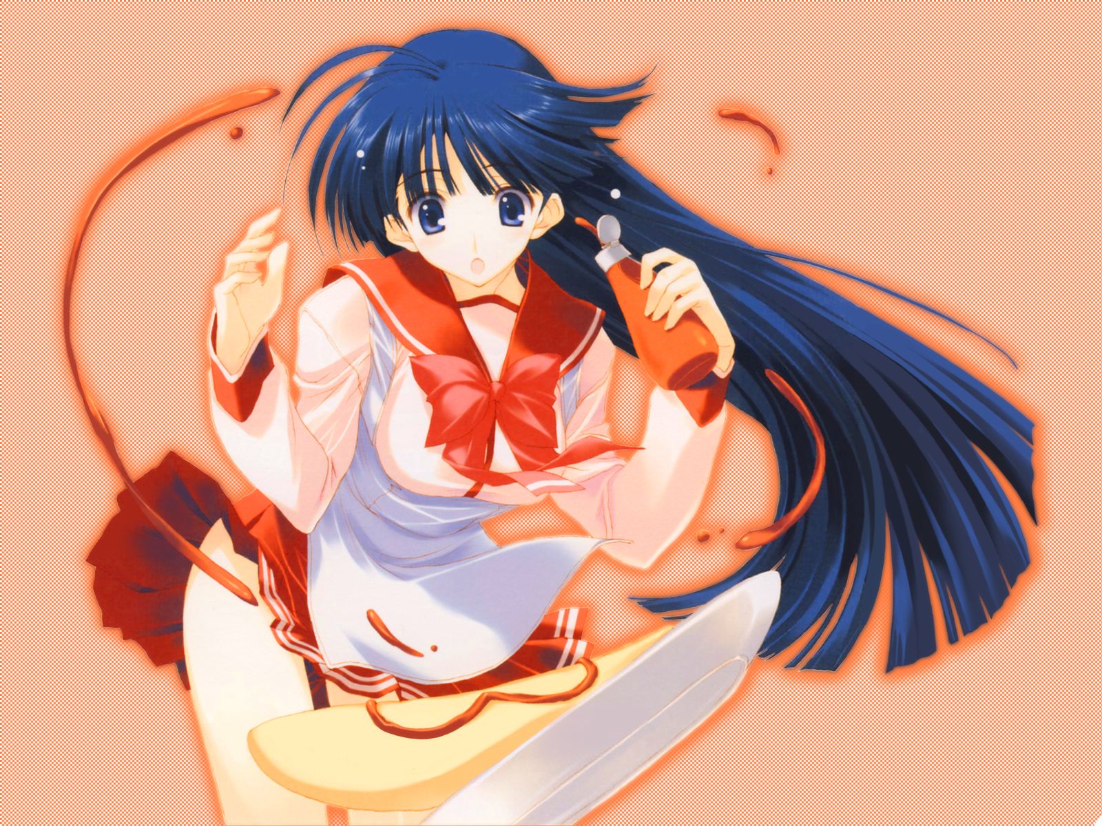 nakamura takeshi, kusakabe yuuki (to heart 2), to heart (series), to heart 2, highres, 00s, apron, black hair, blue eyes, food, school uniform, solo, surprised