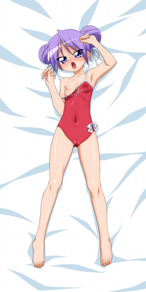sugimura tomokazu, hiiragi kagami, lucky star, 00s, breasts, cameltoe, covered erect nipples, dakimakura (medium), loli, lying, nipples, open mouth, saliva, small breasts, solo, swimsuit, the bed, tongue