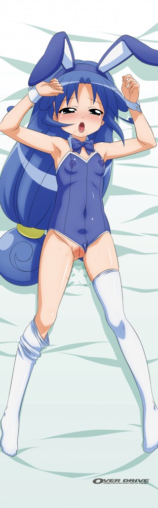 sugimura tomokazu, bunny girl, long image, tall image, animal ears, cleft of venus, clothing aside, covered erect nipples, flat chest, loli, panties, panties aside, pussy, rabbit ears, see-through clothes, thighhighs, uncensored, underwear