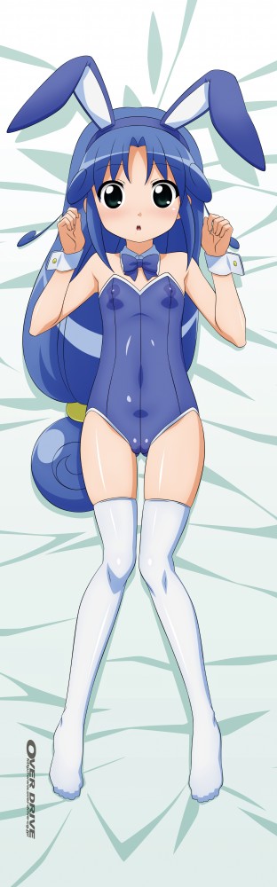sugimura tomokazu, bunny girl, long image, tall image, animal ears, cameltoe, covered erect nipples, flat chest, loli, rabbit ears, the bed, thighhighs