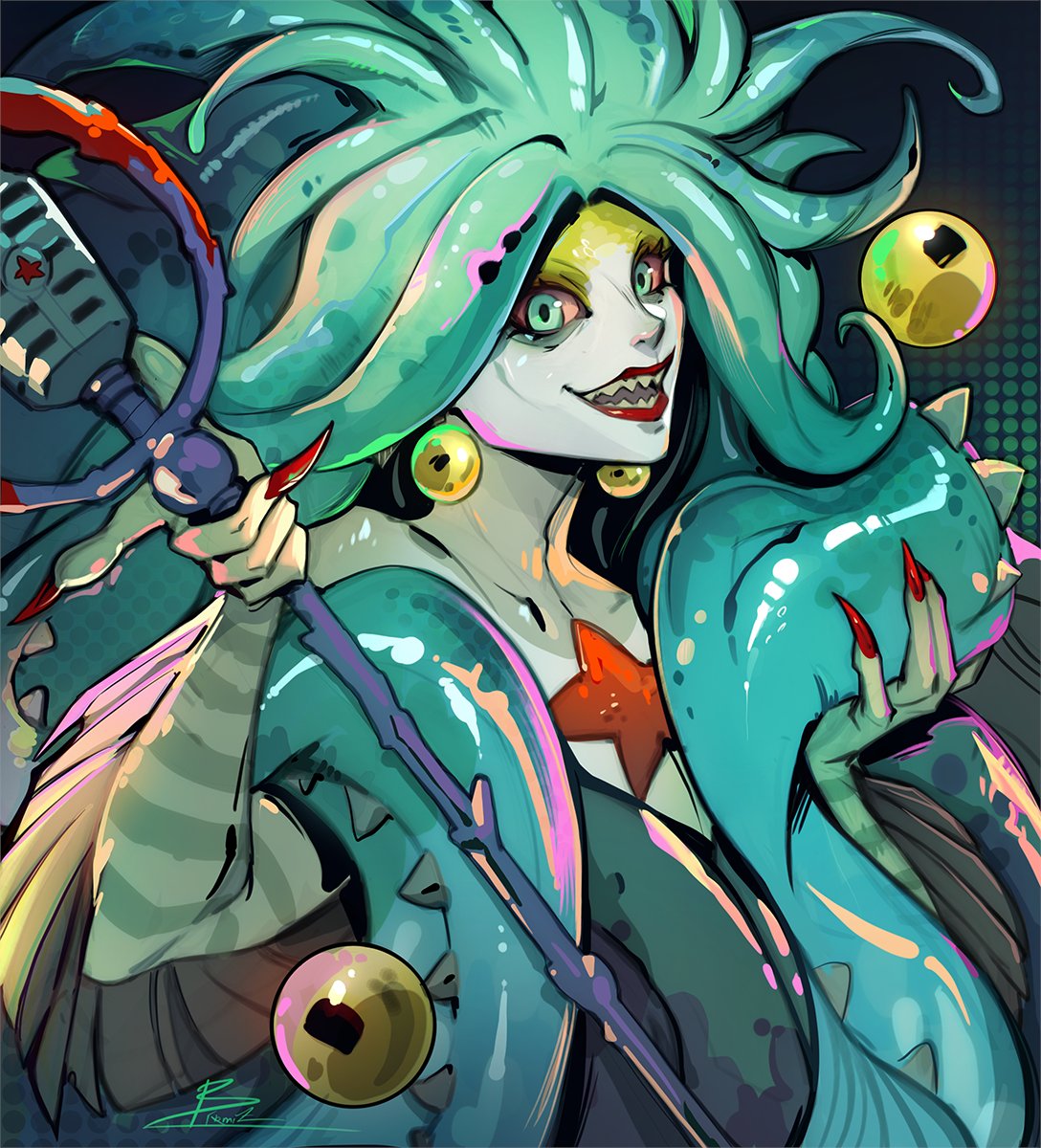 birmit, scylla (hades), hades (series), hades 2, highres, 1girl, colored sclera, green hair, grin, long hair, looking at viewer, microphone, monster girl, open mouth, sharp teeth, smile, solo, teeth, tentacle hair