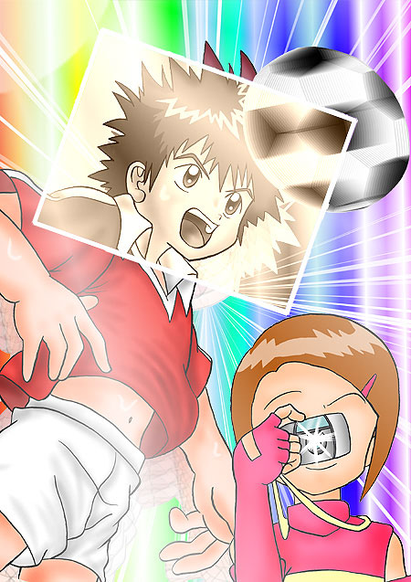 motomiya daisuke, yagami hikari, digimon, digimon adventure 02, 00s, 1boy, 1girl, ball, camera, couple, elbow gloves, fingerless gloves, gloves, photo (object), short hair, soccer ball, telstar