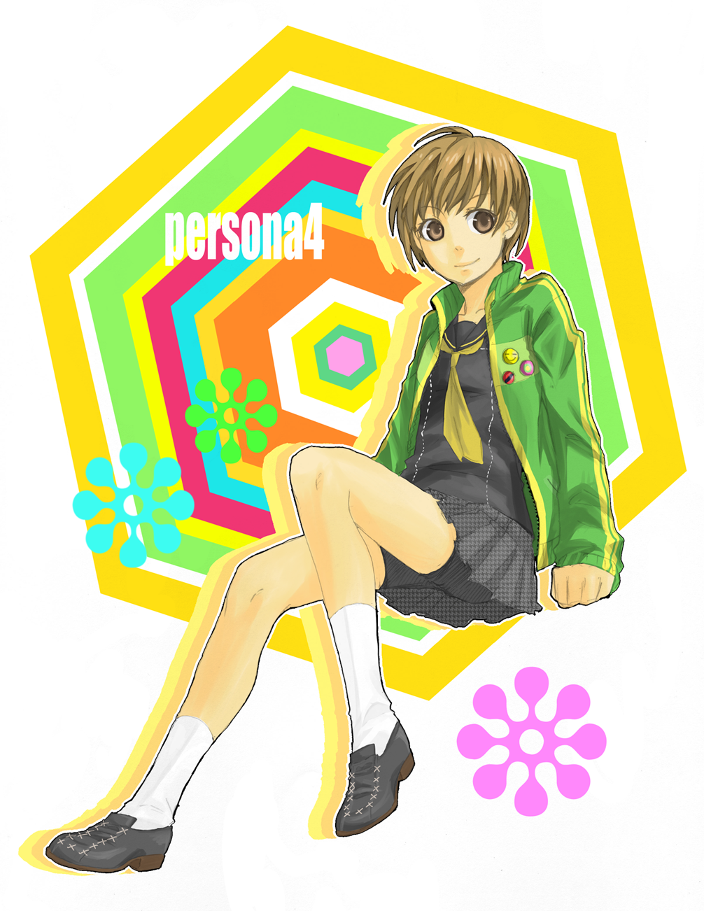 satonaka chie, atlus, persona, persona 4, highres, badge, bike shorts, brown eyes, brown hair, button badge, jacket, school uniform, shoes, short hair, skirt, smile, socks, solo, tomboy