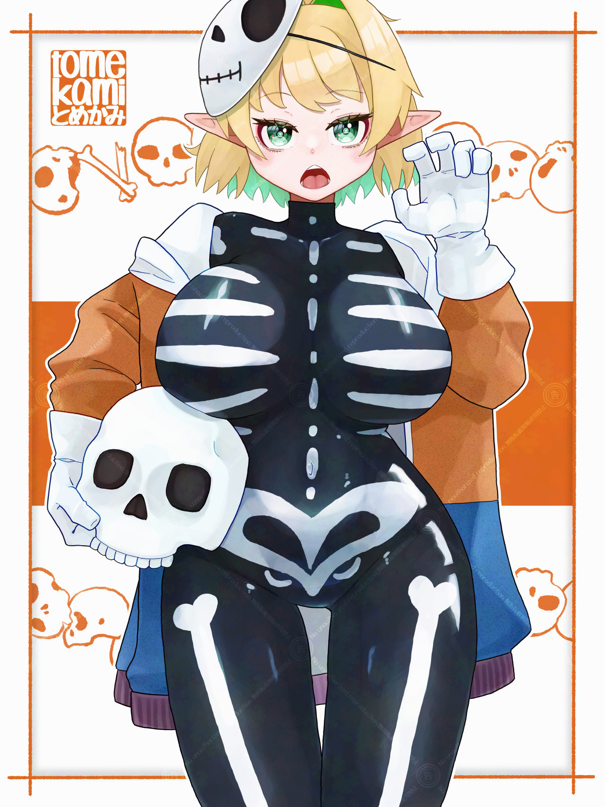 tomekami, mizuhashi parsee, touhou, highres, 1girl, black bodysuit, blonde hair, bodysuit, breasts, colored inner hair, cowboy shot, gloves, green eyes, green hair, hair intakes, halloween, holding, holding skull, large breasts, looking at viewer, multicolored hair, open mouth, pointy ears, short hair, skeleton print, skull, solo, watermark, watermark grid, white background, white gloves