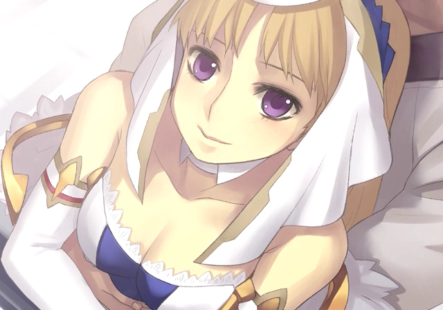 nagi ryou, chroah vatel, chroche latel pastalie, ar tonelico, ar tonelico ii, gust, game cg, official art, 00s, 1boy, 1girl, blonde hair, blush, breasts, cleavage, elbow gloves, from above, gloves, hair ornament, hetero, hug, purple eyes, smile