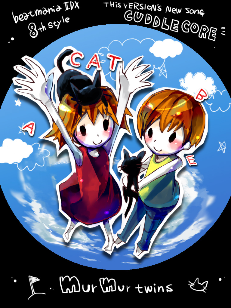 gomi kuzuko, mine-zouri, murmur twins, beatmania iidx, beatmania iidx 8th style, bemani, pop'n music, bad id, bad pixiv id, 1boy, 1girl, alphabet, blush, cat, character name, cloud, orange hair, pants, siblings, twins, wac