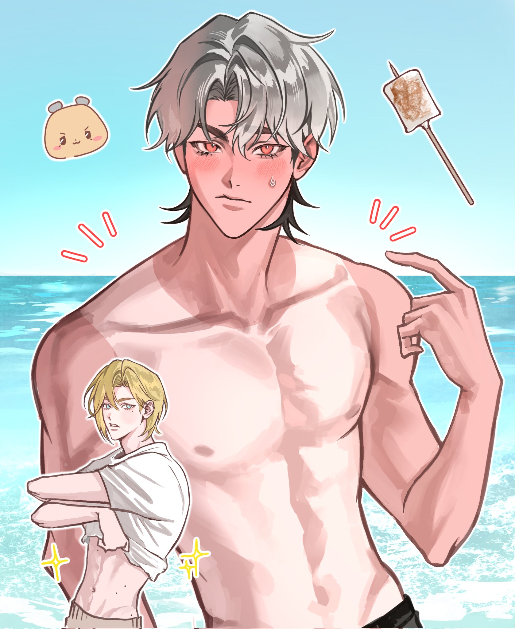 amo 0202, plave, highres, 2boys, blonde hair, blue sky, blush, eunho (plave), food, grey hair, hair between eyes, horizon, index finger raised, k-pop, looking at viewer, male focus, marshmallow, mole, mole on chest, mole under eye, multiple boys, multiple moles, nipples, noah (plave), ocean, parted bangs, pointing, pointing at self, red eyes, roasted marshmallow, shirt partially removed, short hair, sky, sweatdrop, topless male