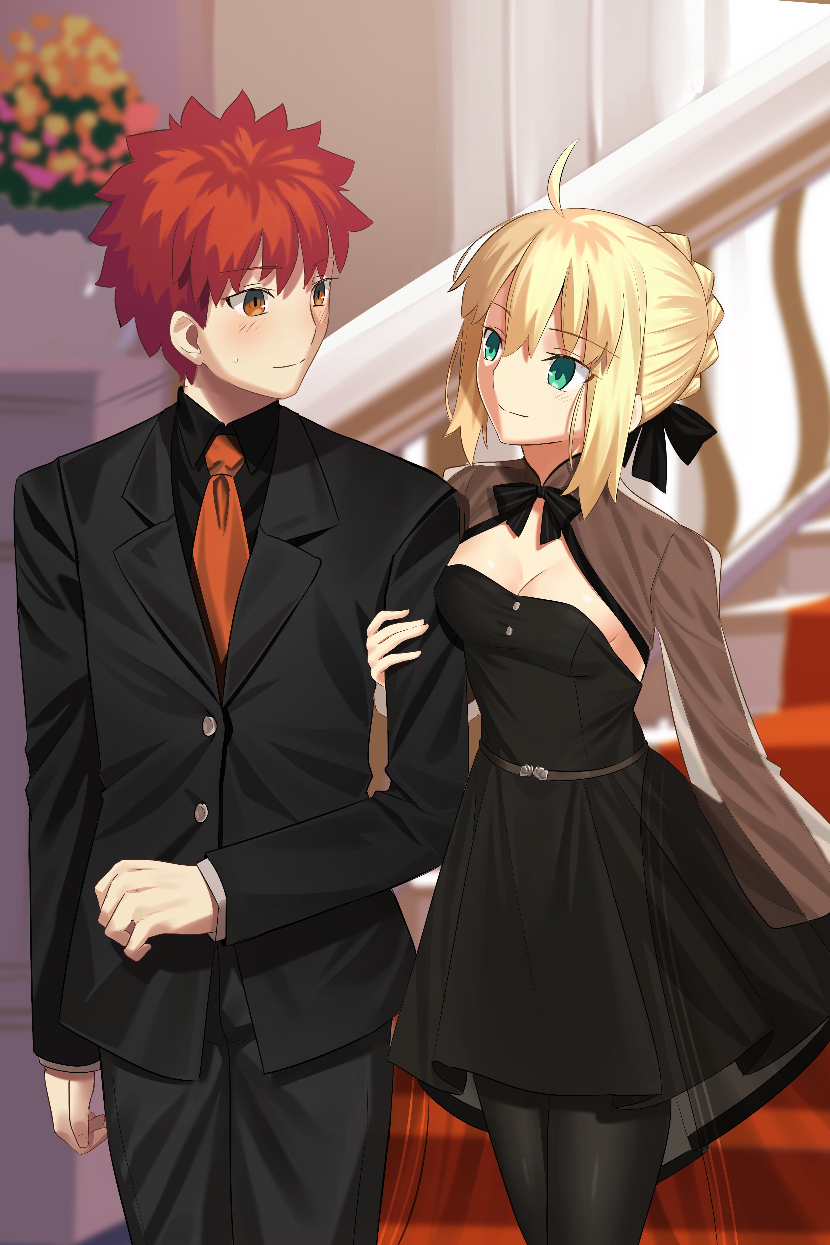 longdq3008, artoria pendragon (fate), emiya shirou, saber (fate), fate/stay night, fate (series), absurdres, commission, highres, 1boy, 1girl, black dress, black suit, blonde hair, brown eyes, couple, dress, formal clothes, grabbing another's arm, green eyes, necktie, red hair, suit