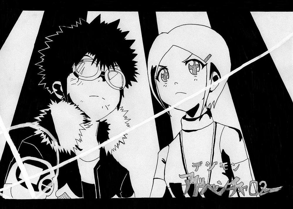 motomiya daisuke, yagami hikari, digimon, digimon adventure 02, tengen toppa gurren lagann, bad id, bad pixiv id, + +, 1boy, 1girl, couple, greyscale, hetero, lens flare, monochrome, parody, style parody