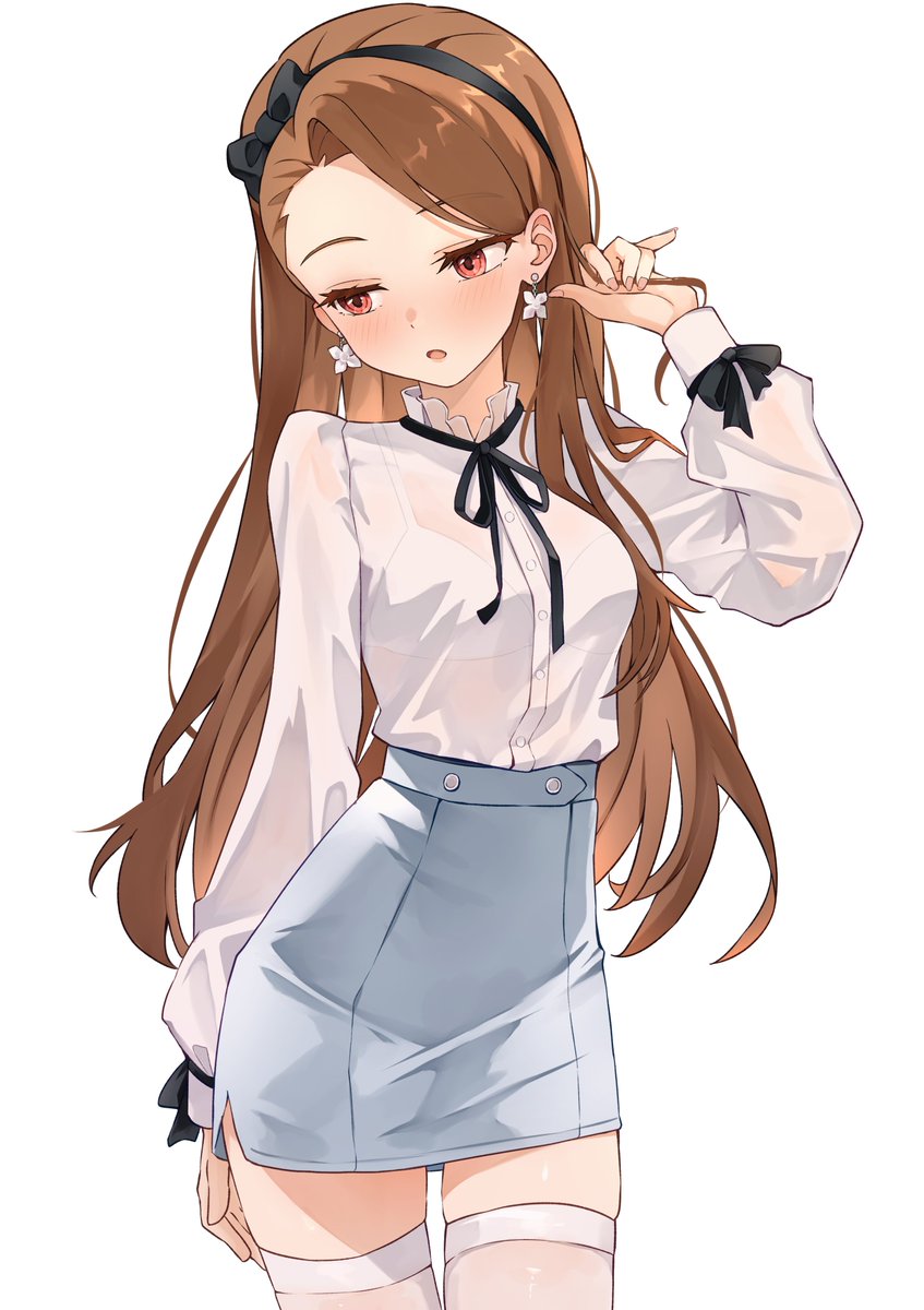 b1ack illust, minase iori, idolmaster, idolmaster (classic), highres, 1girl, black bow, black hairband, blue skirt, blush, bow, bra, breasts, brown eyes, brown hair, cowboy shot, earrings, fingernails, hair bow, hairband, hand up, jewelry, long hair, long sleeves, looking down, see-through clothes, see-through shirt, shirt, simple background, skirt, solo, standing, thighhighs, underwear, white background, white bra, white shirt
