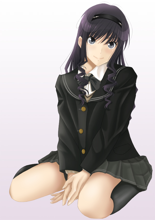 kishida-shiki, morishima haruka, amagami, 1girl, black eyes, black hair, blazer, female focus, hairband, jacket, kneehighs, long hair, ribbon, school uniform, serafuku, sitting, socks, solo