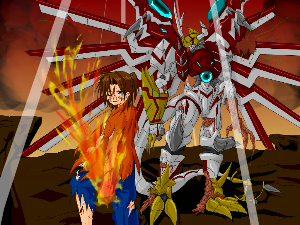 daimon masaru (digimon savers), shinegreymon, digimon, digimon savers, blood, cuts, fire, injury