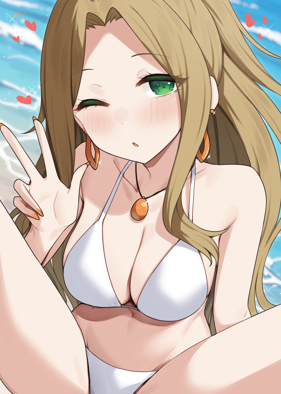 binsen, nikaido chizuru, idolmaster, idolmaster million live!, highres, 1girl, bikini, blush, breasts, brown hair, collarbone, day, earrings, fingernails, green eyes, hand up, heart, hoop earrings, jewelry, long hair, looking at viewer, nail polish, navel, necklace, one eye closed, orange nails, outdoors, parted lips, sitting, solo, swimsuit, w, white bikini