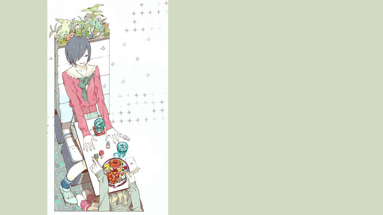 ishida sui, kirishima touka, tokyo ghoul, official art, 2girls, bad anatomy, blue eyes, blue hair, blue socks, buttons, chair, cool colored, cup, denim, denim skirt, dress, drinking glass, flannel, food, fork, friends, from above, green shirt, green skirt, hair over one eye, half-closed eyes, holding, holding fork, index finger raised, lace trim, long arms, long sleeves, looking ahead, miniskirt, multiple girls, nail polish, on chair, outstretched arms, rabbit, red shirt, restaurant, shirt, shoes, short hair, simple background, sitting, skirt, smile, socks, table, tile floor, tiles, toned, two-tone dress