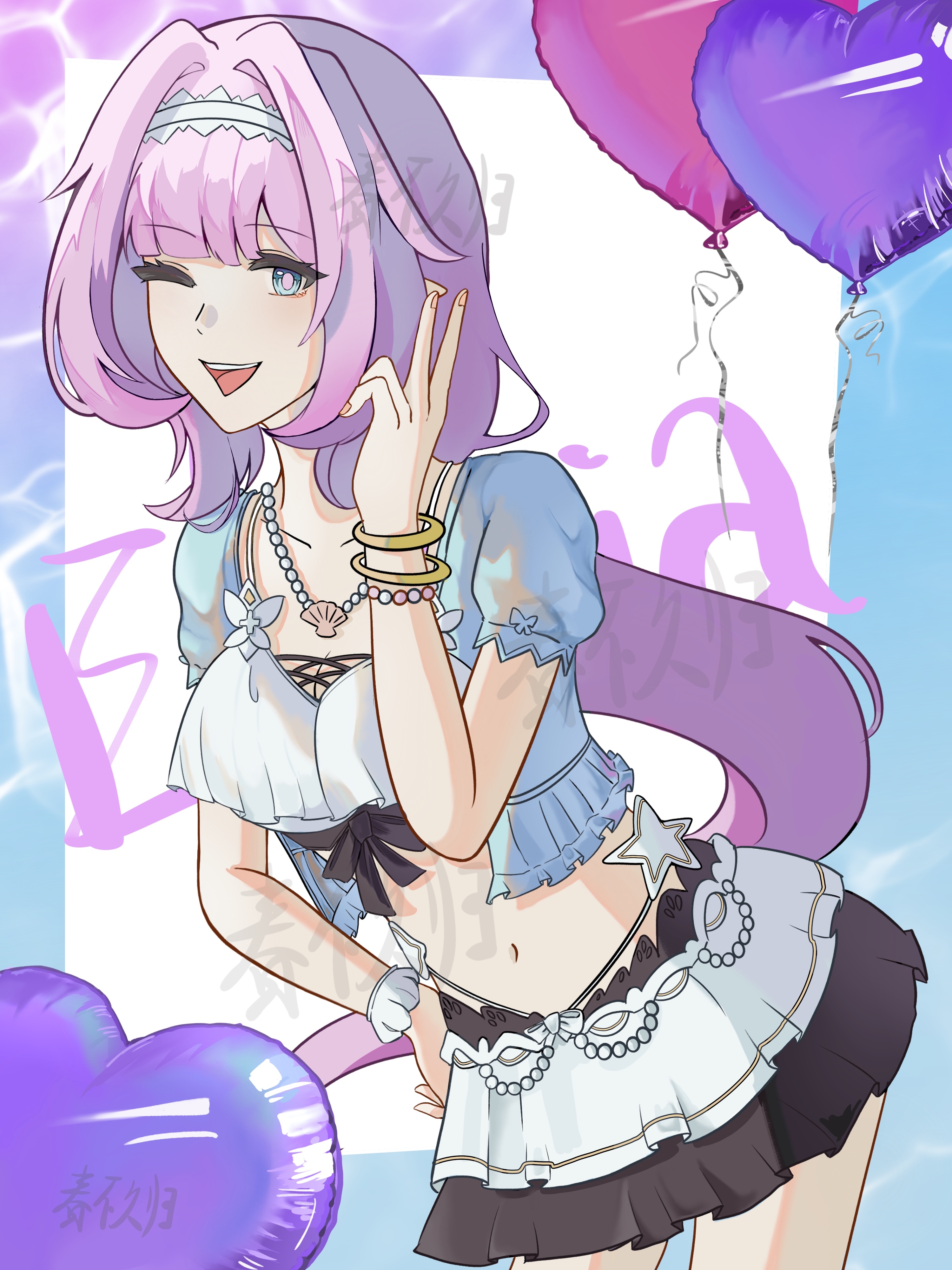 shaojunqingjiu00776, elysia (honkai impact), elysia (miss pink elf) (honkai impact), elysia (summer miss elf) (honkai impact), honkai (series), honkai impact 3rd, absurdres, chinese commentary, commentary request, highres, 1girl, ;o, balloon, bikini, bikini skirt, blue eyes, blue jacket, breasts, character name, hairband, heart balloon, jacket, jewelry, large breasts, long hair, looking at viewer, midriff, navel, necklace, official alternate costume, one eye closed, pink hair, shell, shell necklace, solo, swimsuit, very long hair, white bikini, white hairband