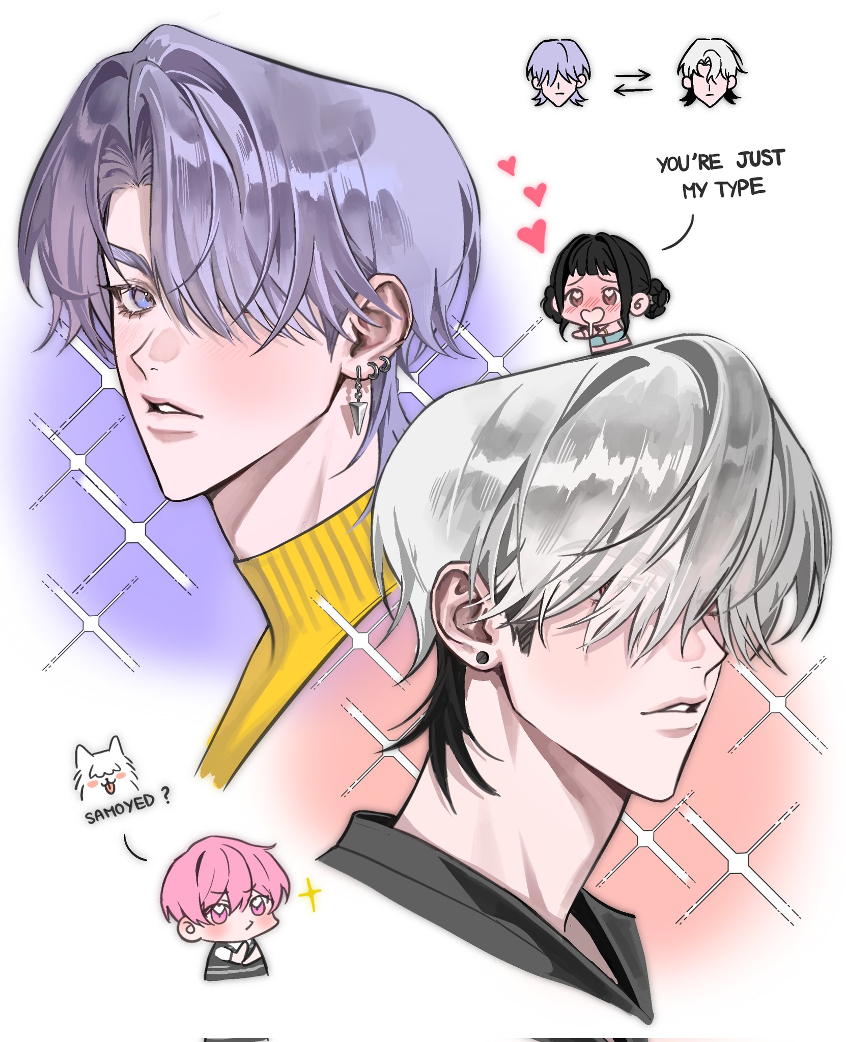 amo 0202, bamby (plave), mystery (kpop demon hunters), zoey (kpop demon hunters), kpop demon hunters, plave, highres, 1girl, 3boys, arrow (symbol), black hair, chibi, chibi inset, cropped head, double bun, earrings, english text, eunho (plave), grey hair, hair between eyes, hair bun, hair over eyes, hair over one eye, heart, heart in eye, jewelry, looking at viewer, multiple boys, parted lips, pink hair, purple hair, simple background, symbol in eye, turtleneck, white background