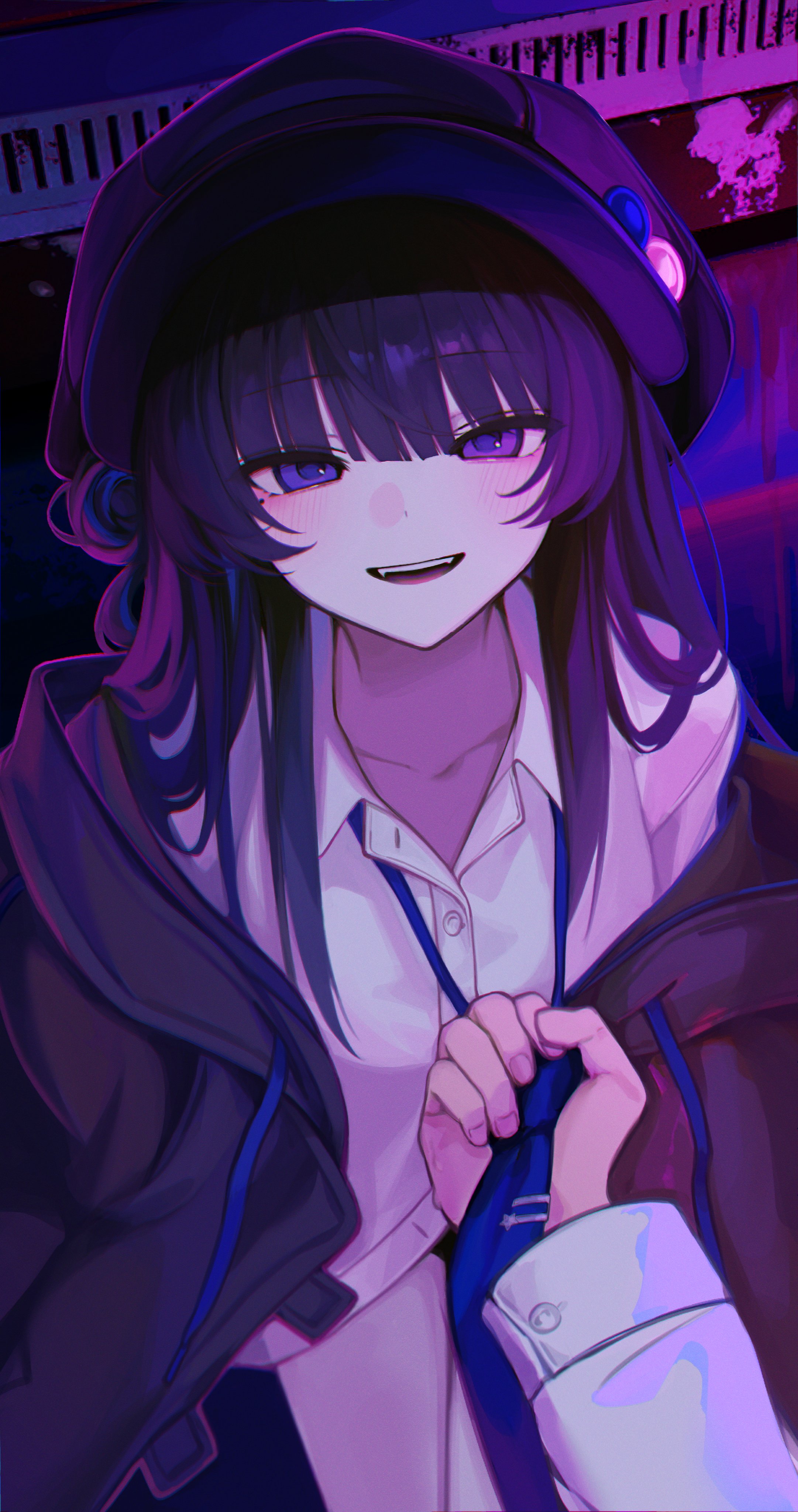 karou (lhscck302), original, absurdres, highres, 1girl, beret, blood, blood splatter, blunt bangs, buttons, clothes grab, collarbone, collared shirt, hair between eyes, hat, jacket, jacket partially removed, long hair, looking at viewer, necktie, necktie grab, neckwear grab, open mouth, partially unbuttoned, purple eyes, purple hair, shirt, sidelocks, smile, solo focus, teeth, thighs, upper teeth only, very long hair, white shirt, white wrist cuffs, wrist cuffs