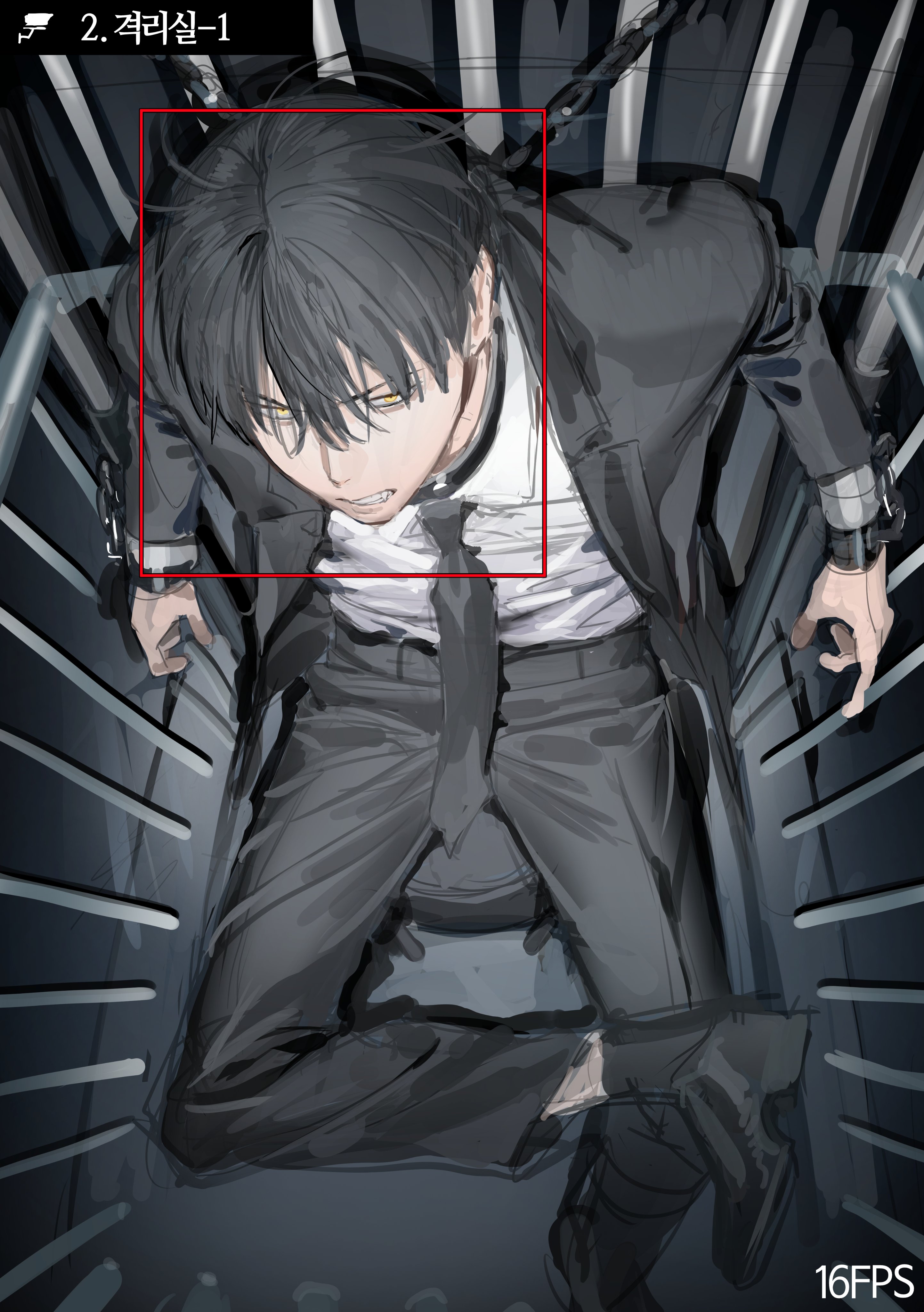 chamuring, absurdres, hashtag-only commentary, highres, 1boy, black necktie, black pants, collared shirt, cuffs, fang, from above, han maru, handcuffs, jacket, leg over thigh, male focus, necktie, open clothes, open jacket, pants, prison, shirt, shirt tucked in, solo, special civil servant, suit jacket, teeth, white shirt, yellow eyes