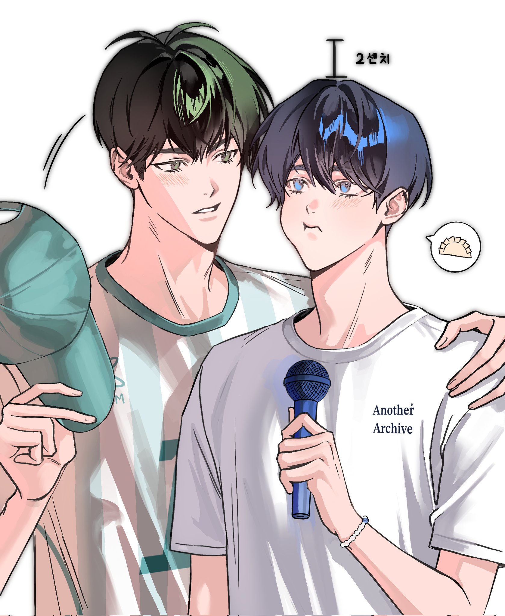 amo 0202, hamin (plave), plave, highres, 2boys, antenna hair, baseball cap, black hair, blue eyes, bracelet, closed mouth, hair between eyes, hand on another's shoulder, hat, holding, holding microphone, holding unworn clothes, holding unworn hat, jewelry, k-pop, looking at another, male focus, microphone, multiple boys, parted lips, shirt, short hair, short sleeves, simple background, spoken food, striped clothes, striped shirt, unworn hat, unworn headwear, vertical-striped clothes, vertical-striped shirt, white background, white shirt, yejun (plave)