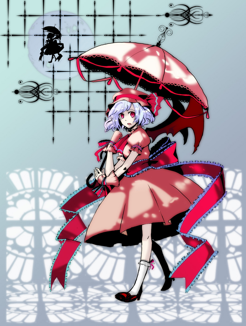 meme (sleepsheep), sleep sheep, remilia scarlet, touhou, bad id, bad pixiv id, 1girl, blue hair, dress, female focus, hat, red eyes, ribbon, solo, umbrella