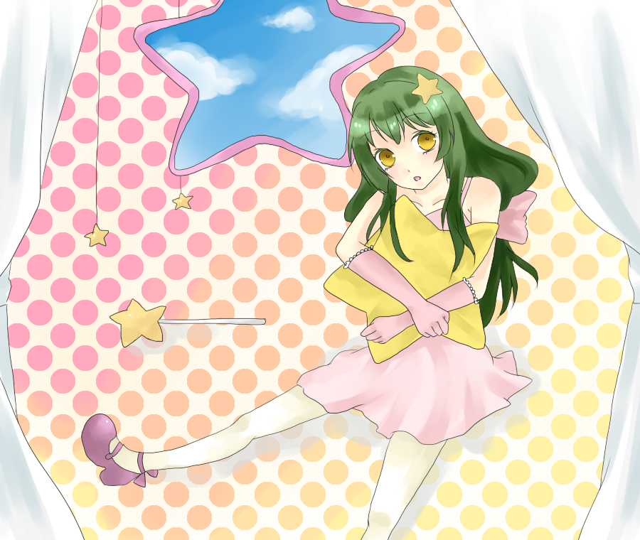 meruko, meruko (yuko00sikure), ibuki fuuko, clannad, bad id, bad pixiv id, 00s, 1girl, dress, female focus, gloves, green hair, pantyhose, polka dot, polka dot background, sky, solo, star (symbol), starfish, wand, white pantyhose, yellow eyes