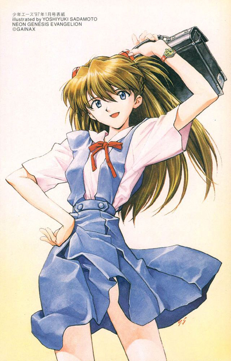 sadamoto yoshiyuki, souryuu asuka langley, neon genesis evangelion, neon genesis evangelion (manga), bookbag, highres, official art, 1girl, bag, blue eyes, female focus, gradient background, school bag, school uniform, solo, watch, wristwatch