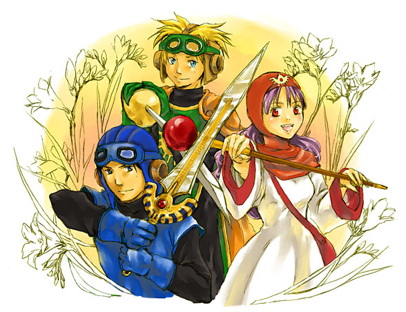 arao (rosa), prince of lorasia, prince of samantoria, princess of moonbrook, chunsoft, dragon quest, dragon quest ii, enix, 1980s (style), 1girl, 2boys, auff1drau30fbo, blush, dress, gloves, hood, long hair, multiple boys, oldschool, purple hair, red eyes, smile, staff, sword, weapon